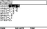 Graphing calculator window settings with very small X-axis values (e.g., Xmin = –1×10⁻⁵, Xmax = 1×10⁻⁵) and adjusted Y-axis range for zooming in closely.